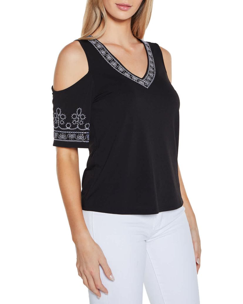 Embroidered Cold-Shoulder Knit Top