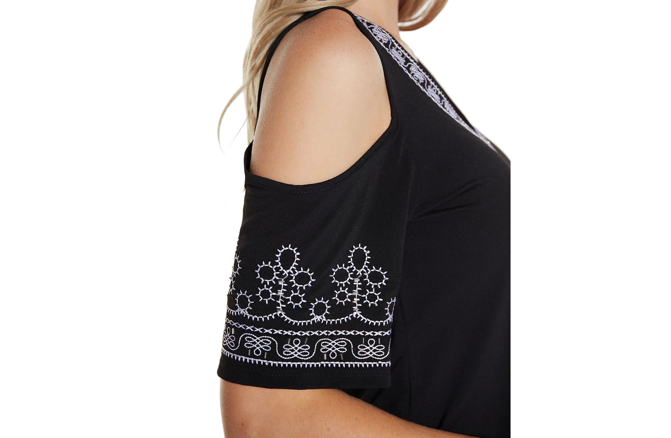 Embroidered Cold-Shoulder Knit Top
