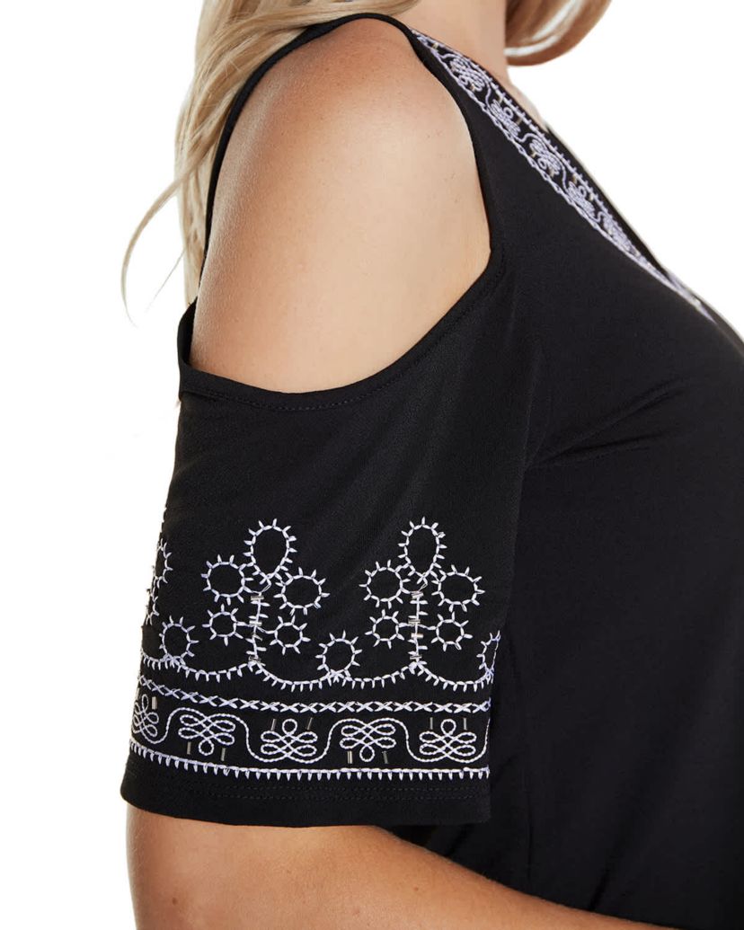 Embroidered Cold-Shoulder Knit Top