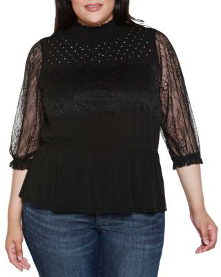 Belldini Black Label Women's Plus Size Mixed-Media Embellished Knit Top, 1X