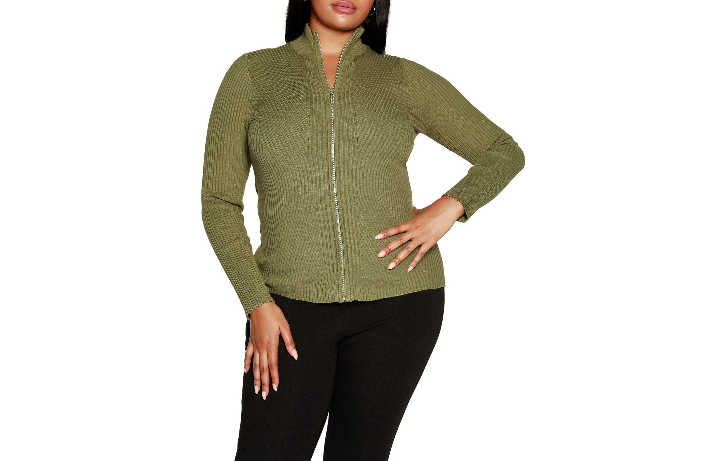 Plus Size Mock Neck Ribbed Sweater Zip Up