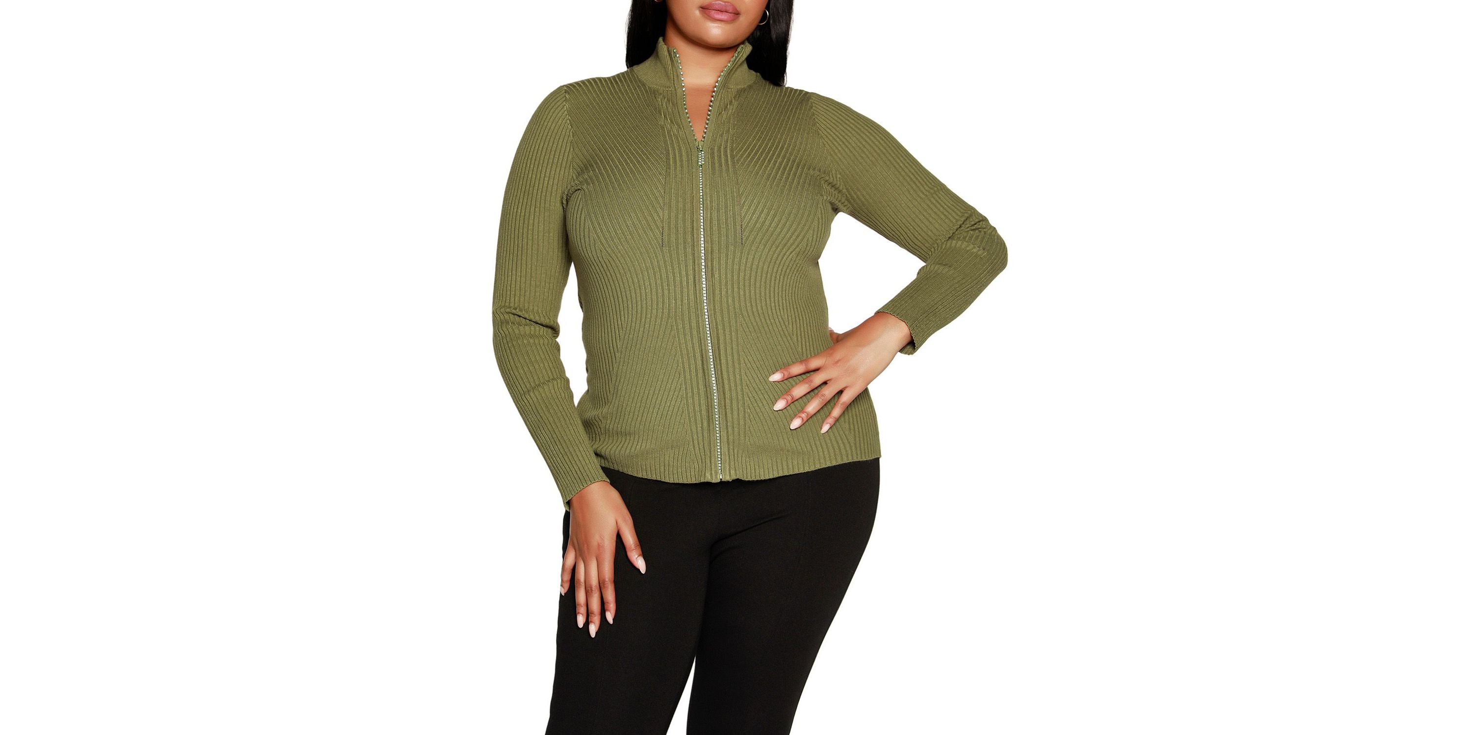 Plus Size Ribbed Sweater with Rhinestone Zipper