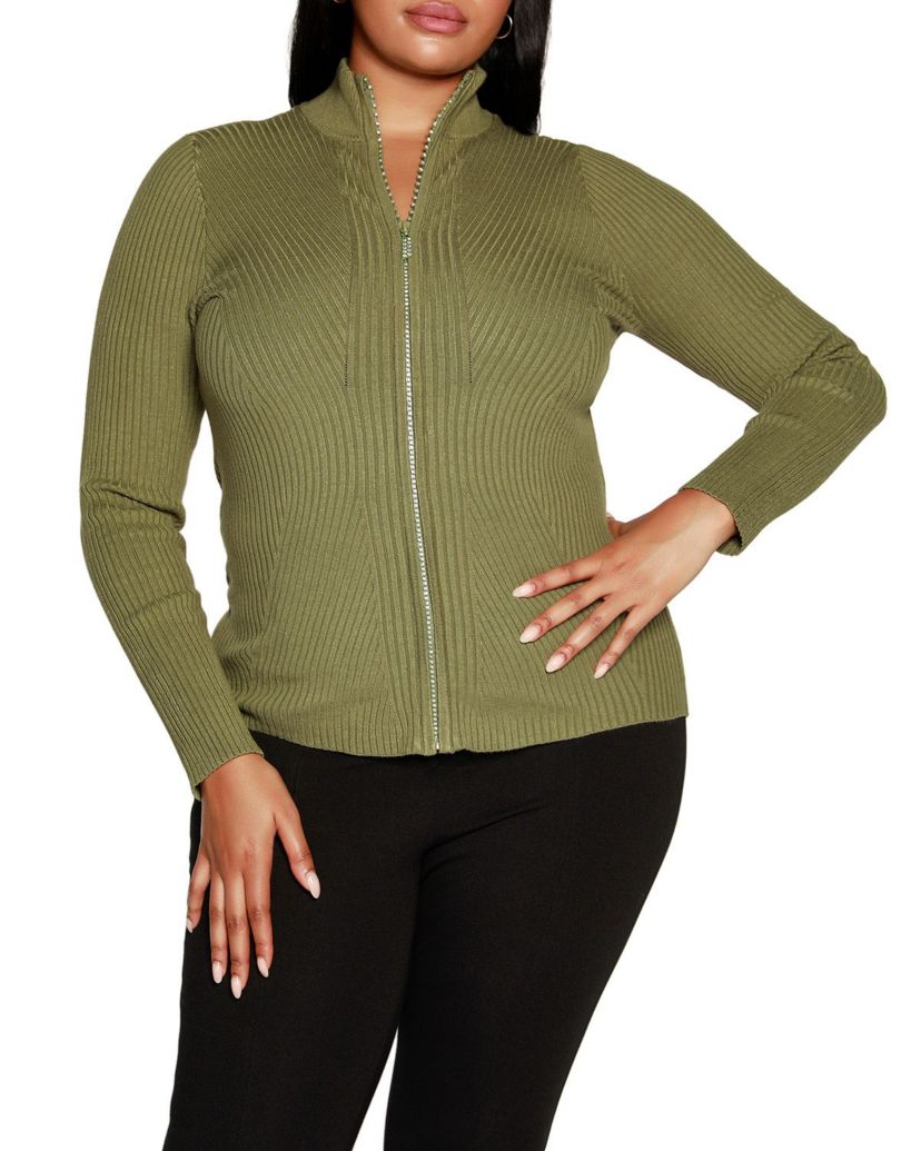 Plus Size Ribbed Sweater with Rhinestone Zipper