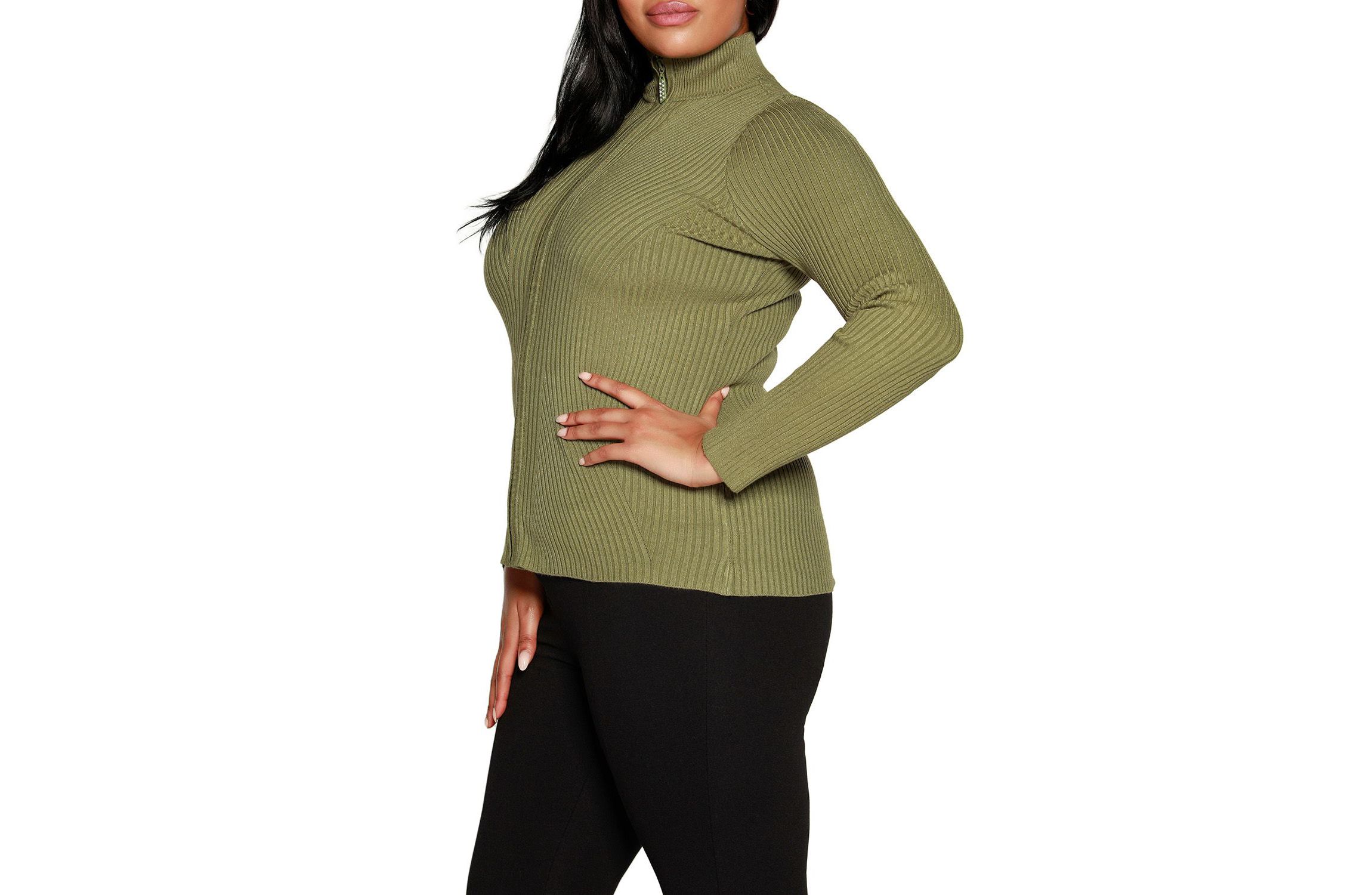 Plus Size Mock Neck Ribbed Sweater Zip Up