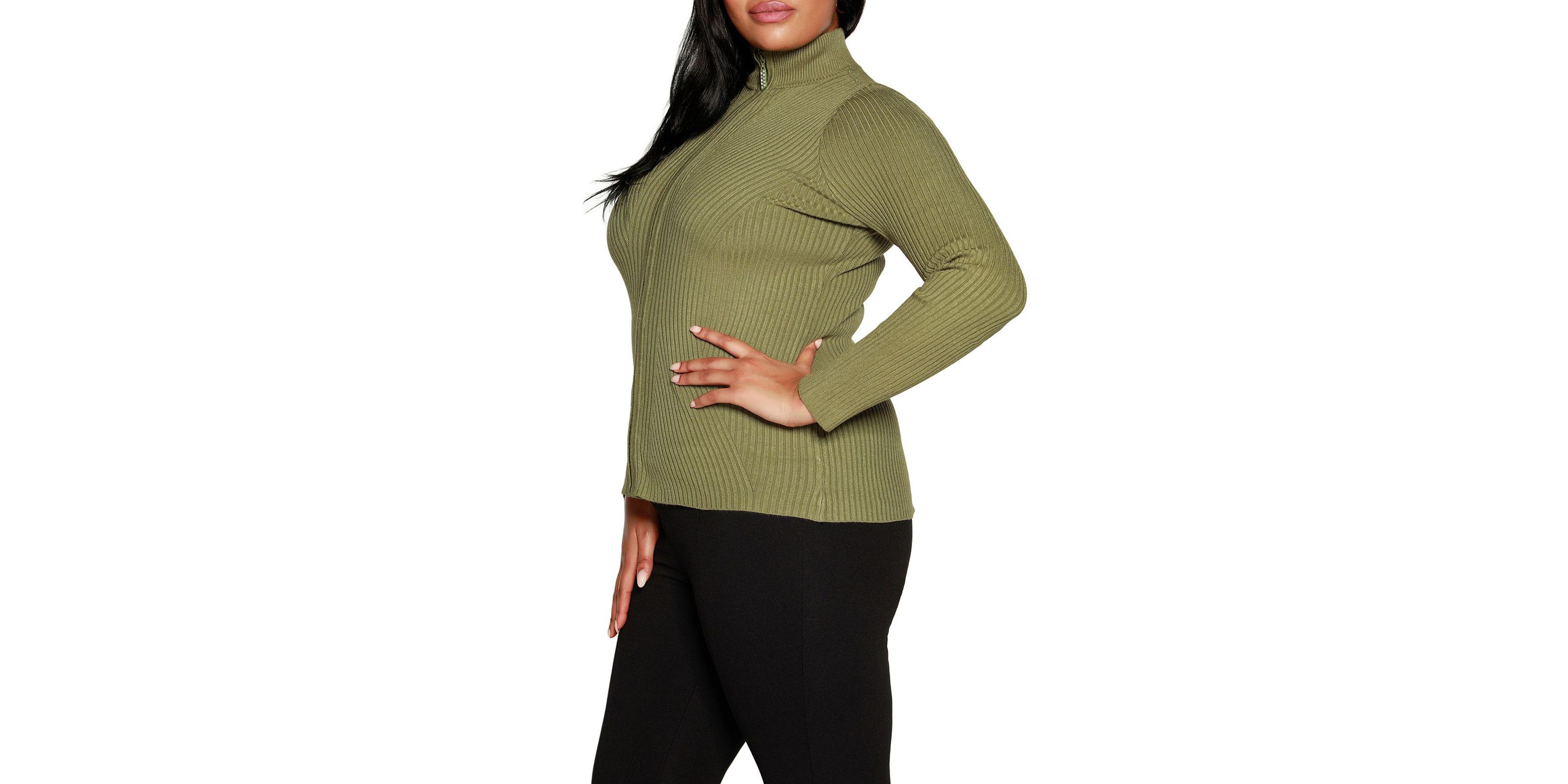 Plus Size Ribbed Sweater with Rhinestone Zipper
