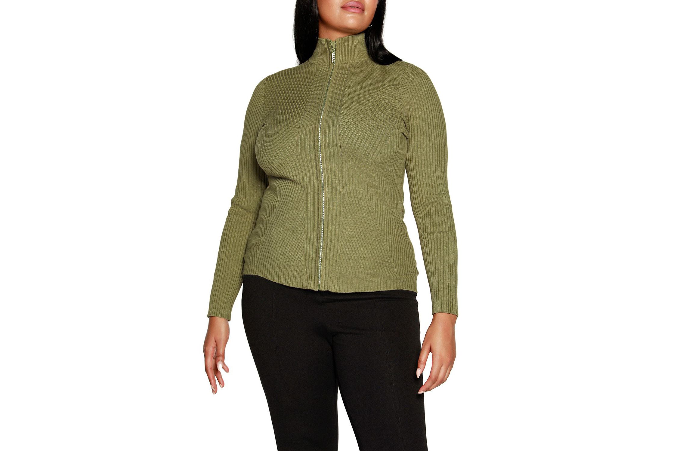 Plus Size Mock Neck Ribbed Sweater Zip Up