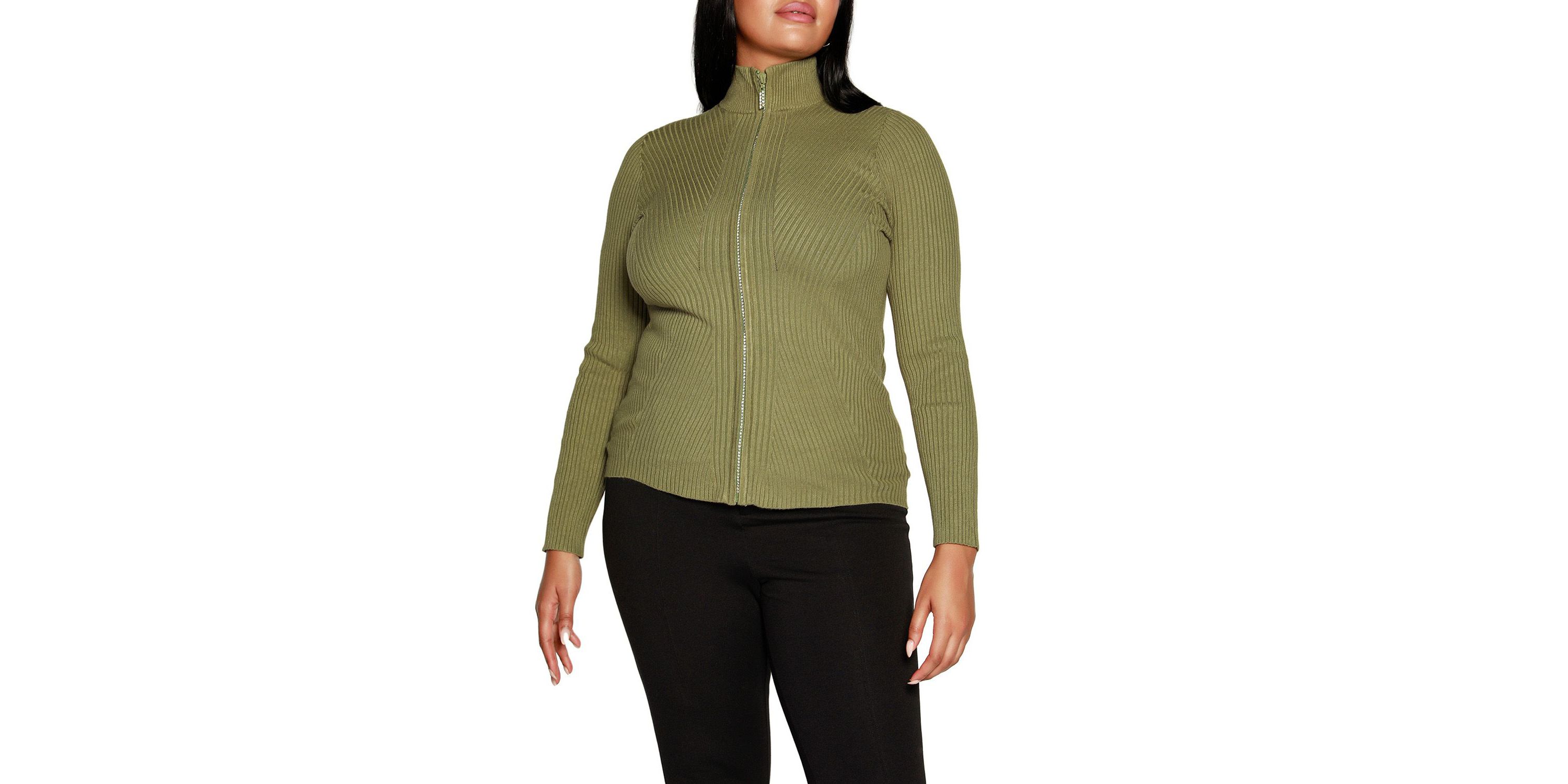 Plus Size Ribbed Sweater with Rhinestone Zipper
