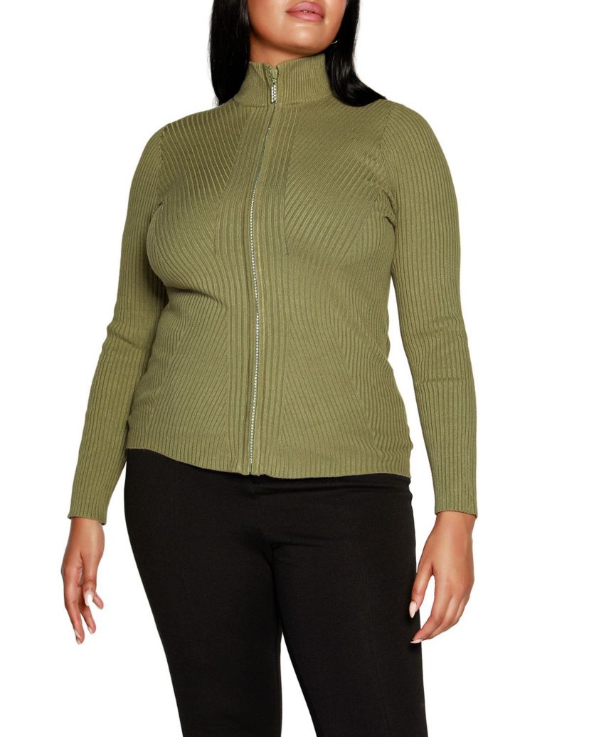Plus Size Ribbed Sweater with Rhinestone Zipper