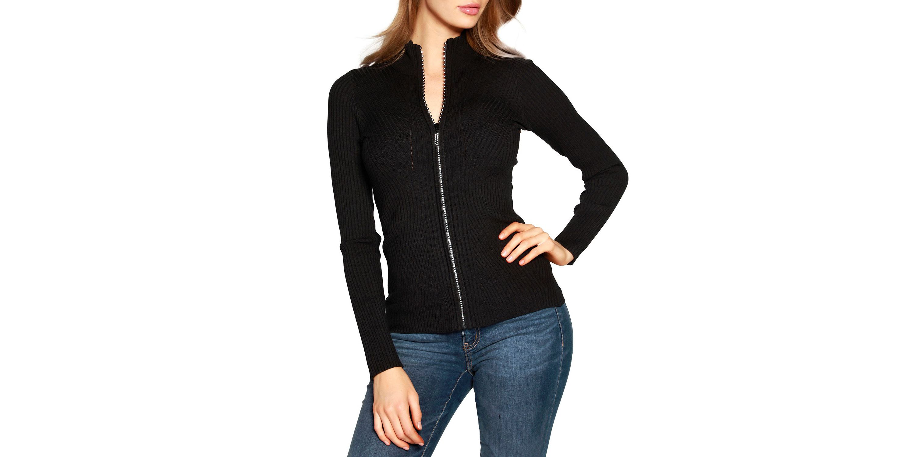 Ribbed Sweater with Rhinestone Zipper