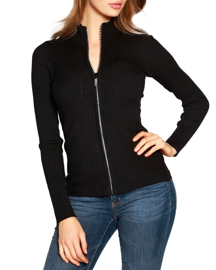 Ribbed Sweater with Rhinestone Zipper