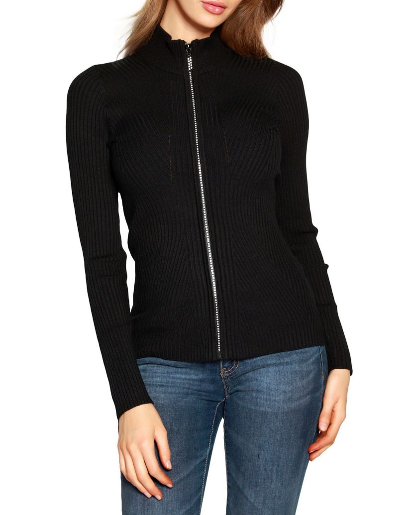 Ribbed Sweater with Rhinestone Zipper