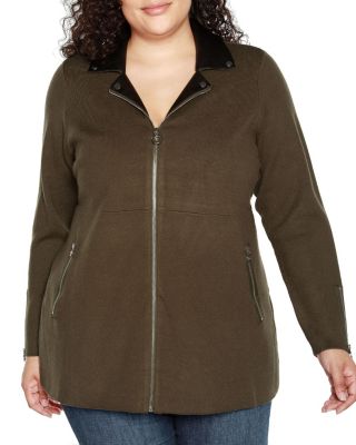Belldini Black Label Women's Plus Size Faux-Leather Collared Sweater Jacket, 1X
