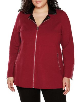 Belldini Black Label Women's Plus Size Faux-Leather Collared Sweater Jacket, 2X