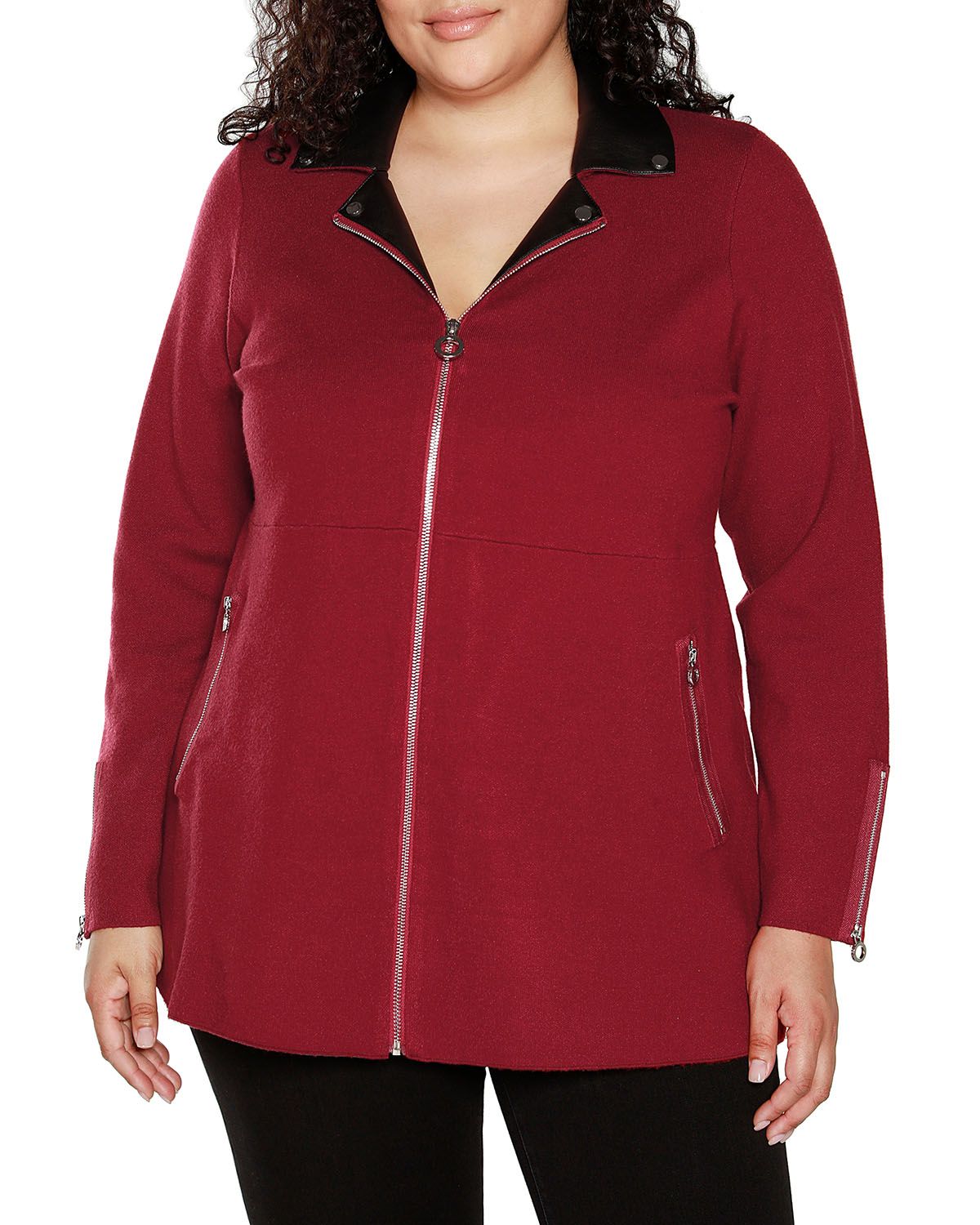 Plus Size Sweater Jacket with Faux Leather Collar