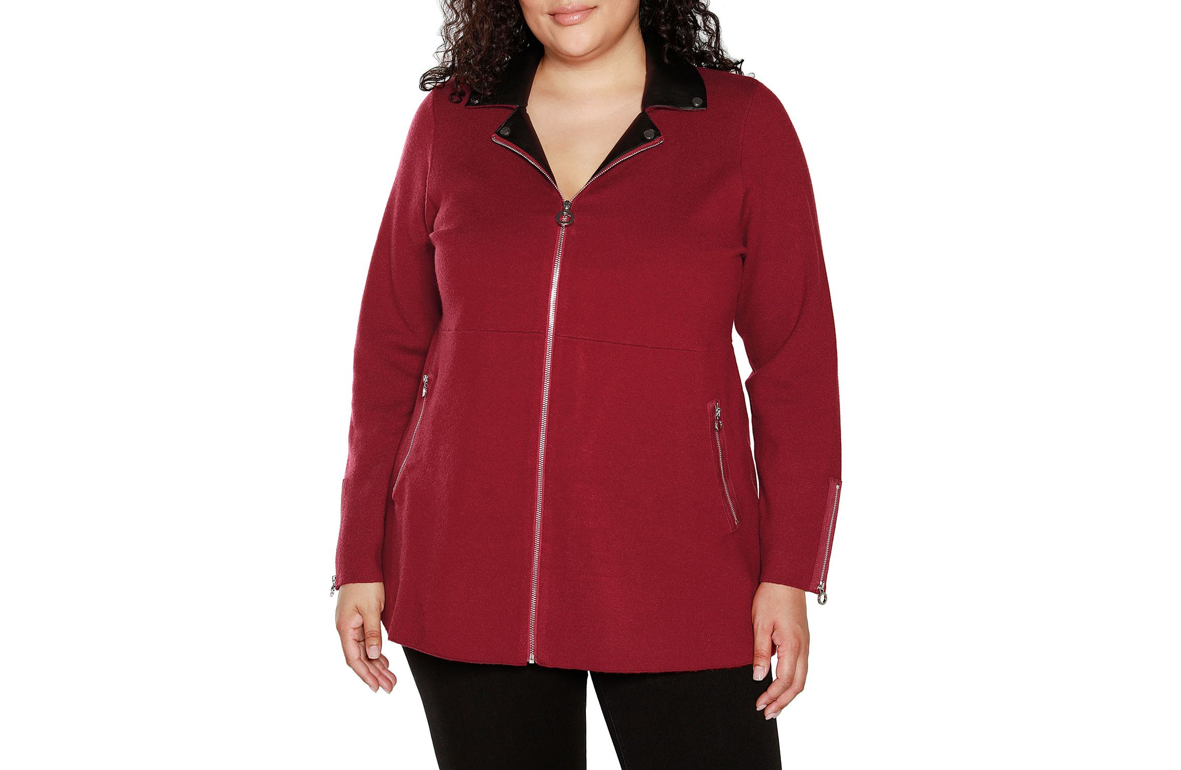 Plus Size Sweater Jacket with Faux Leather Collar