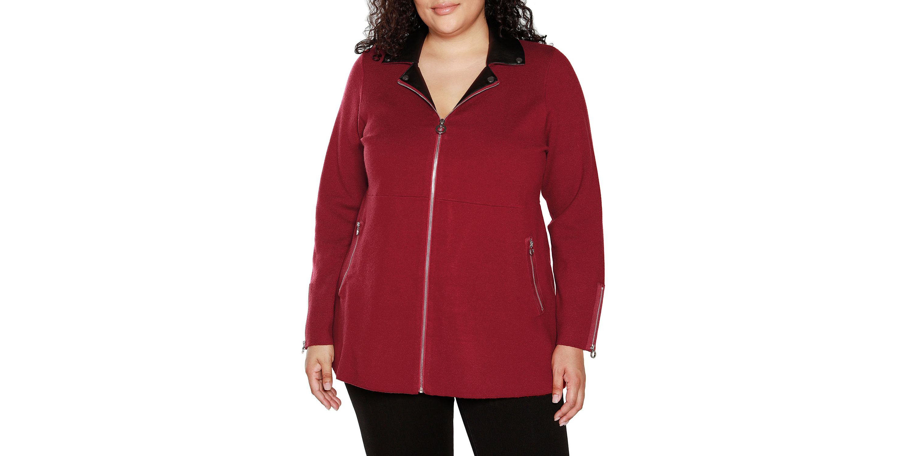 Plus Size Sweater Jacket with Faux Leather Collar