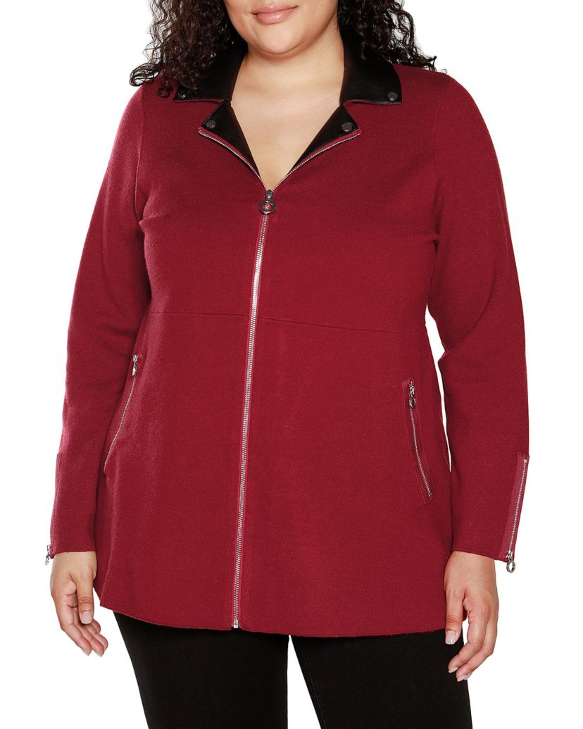 Plus Size Sweater Jacket with Faux Leather Collar