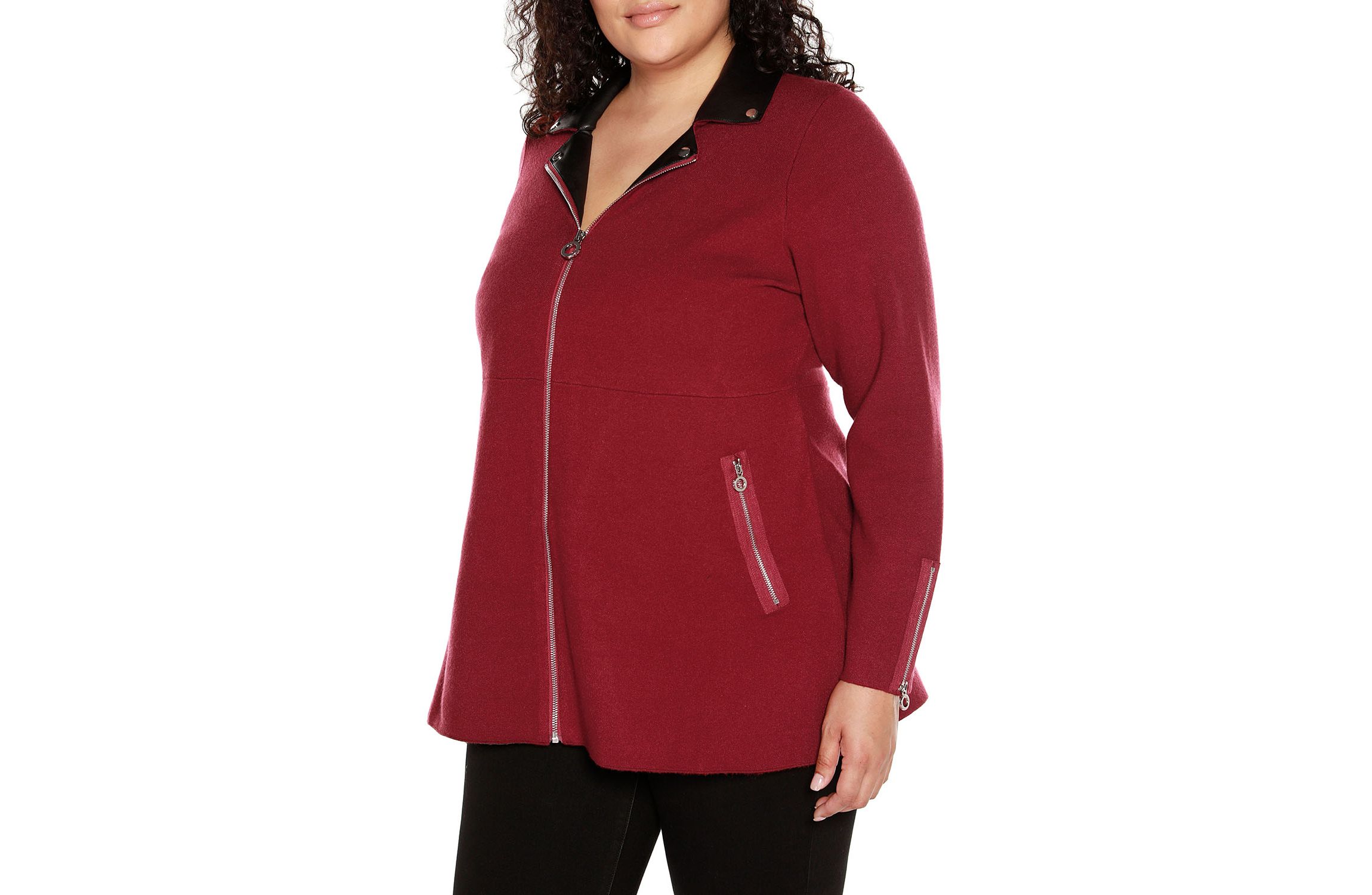 Plus Size Sweater Jacket with Faux Leather Collar