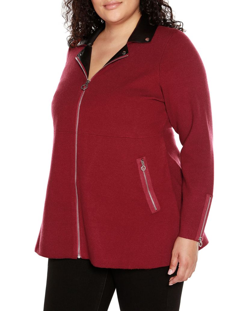 Plus Size Sweater Jacket with Faux Leather Collar