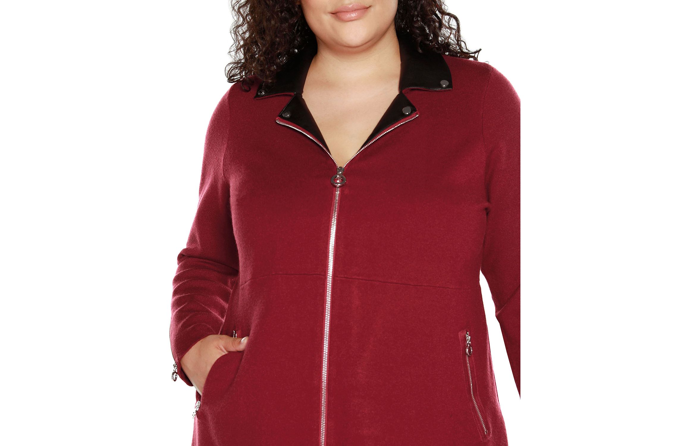 Plus Size Sweater Jacket with Faux Leather Collar