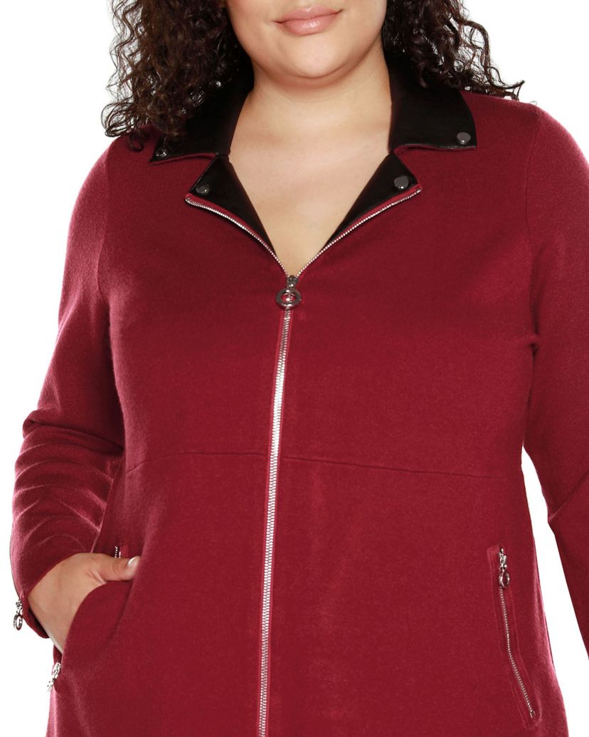 Plus Size Sweater Jacket with Faux Leather Collar
