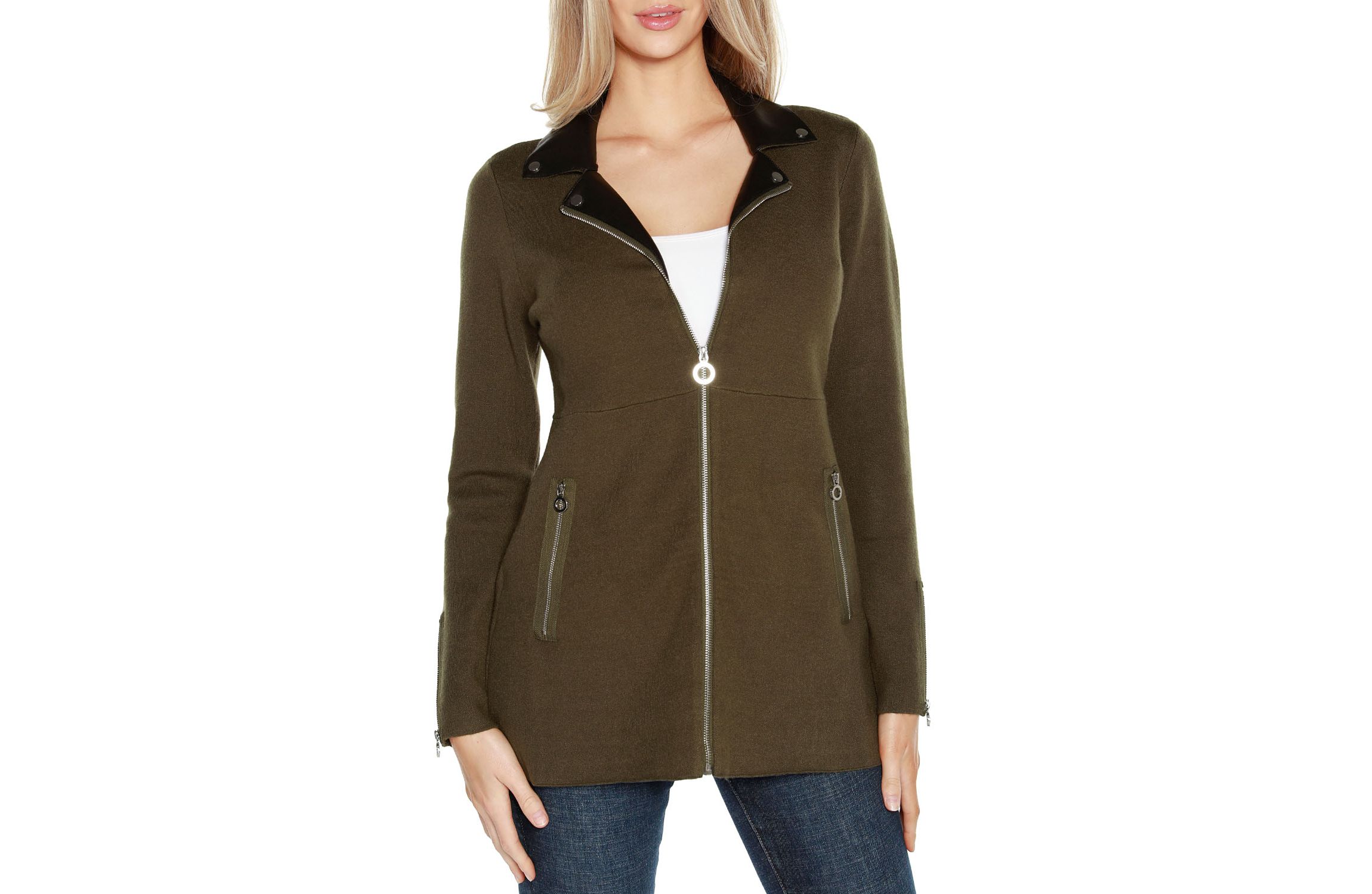 Faux Leather Collared Sweater Jacket