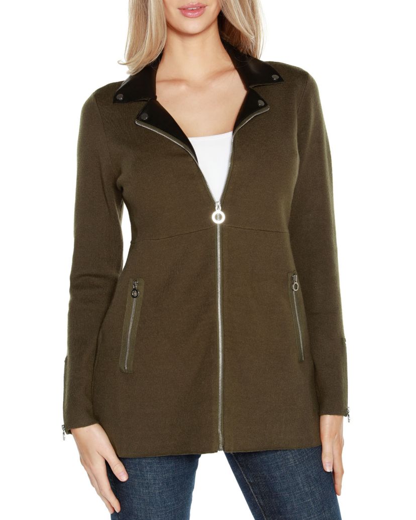 Faux Leather Collared Sweater Jacket