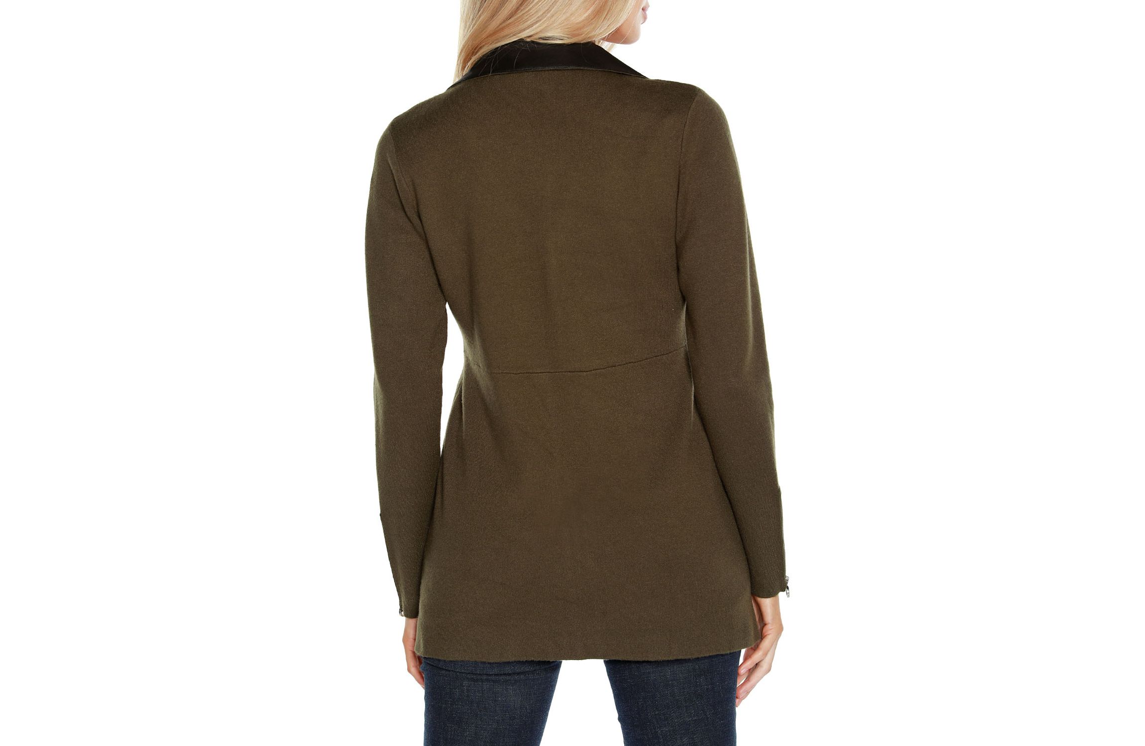 Faux Leather Collared Sweater Jacket