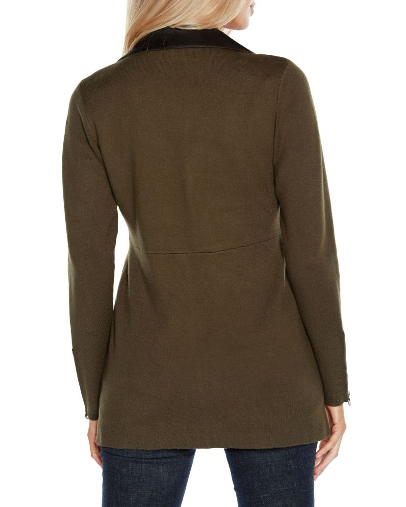 Faux Leather Collared Sweater Jacket