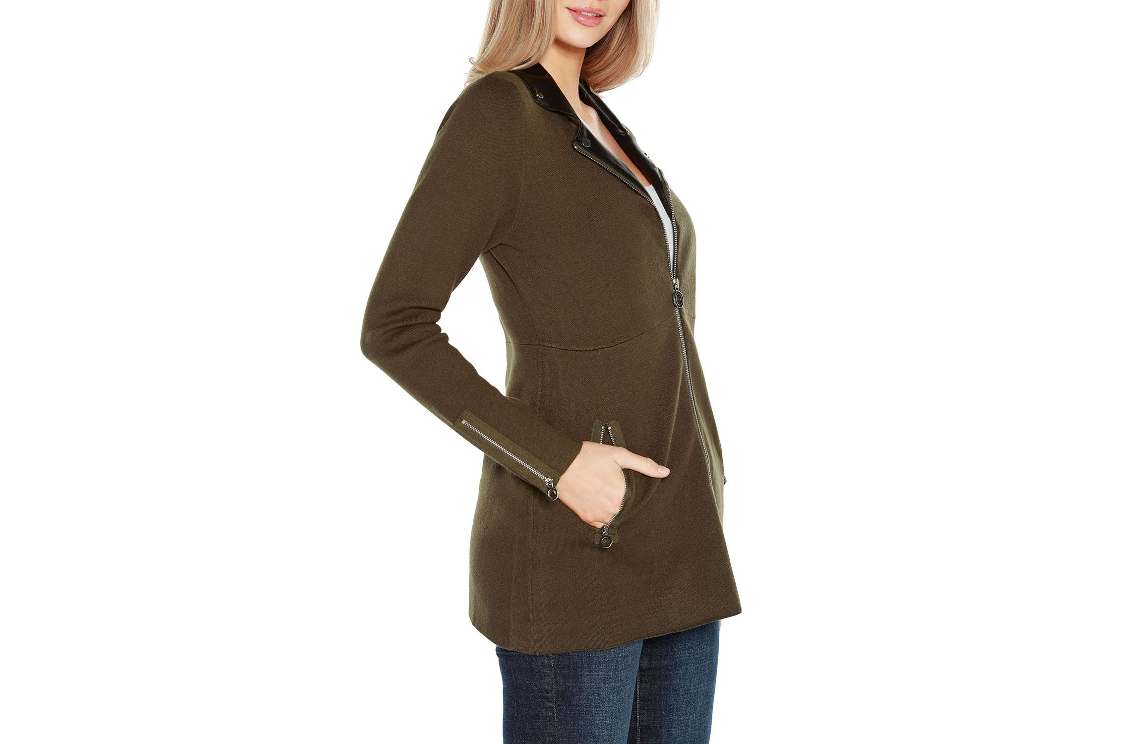 Faux Leather Collared Sweater Jacket