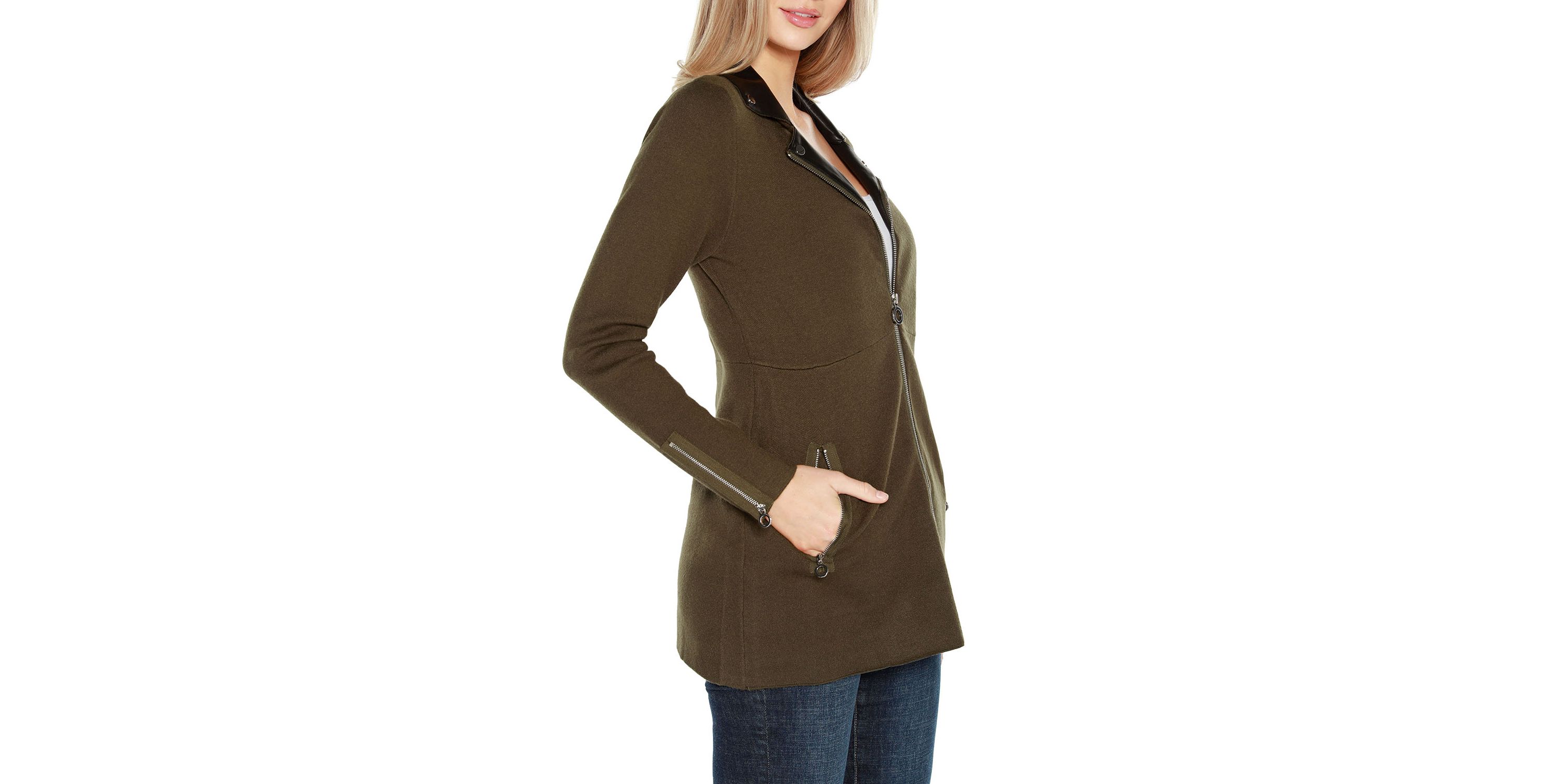 Faux Leather Collared Sweater Jacket