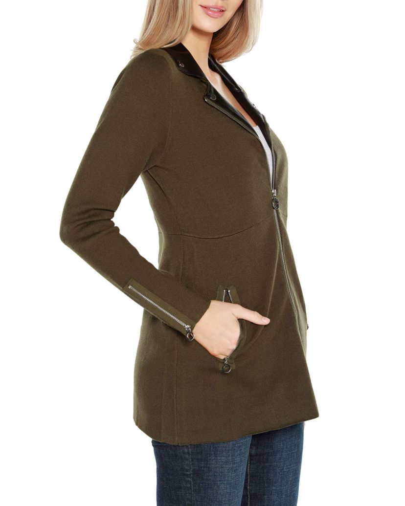 Faux Leather Collared Sweater Jacket