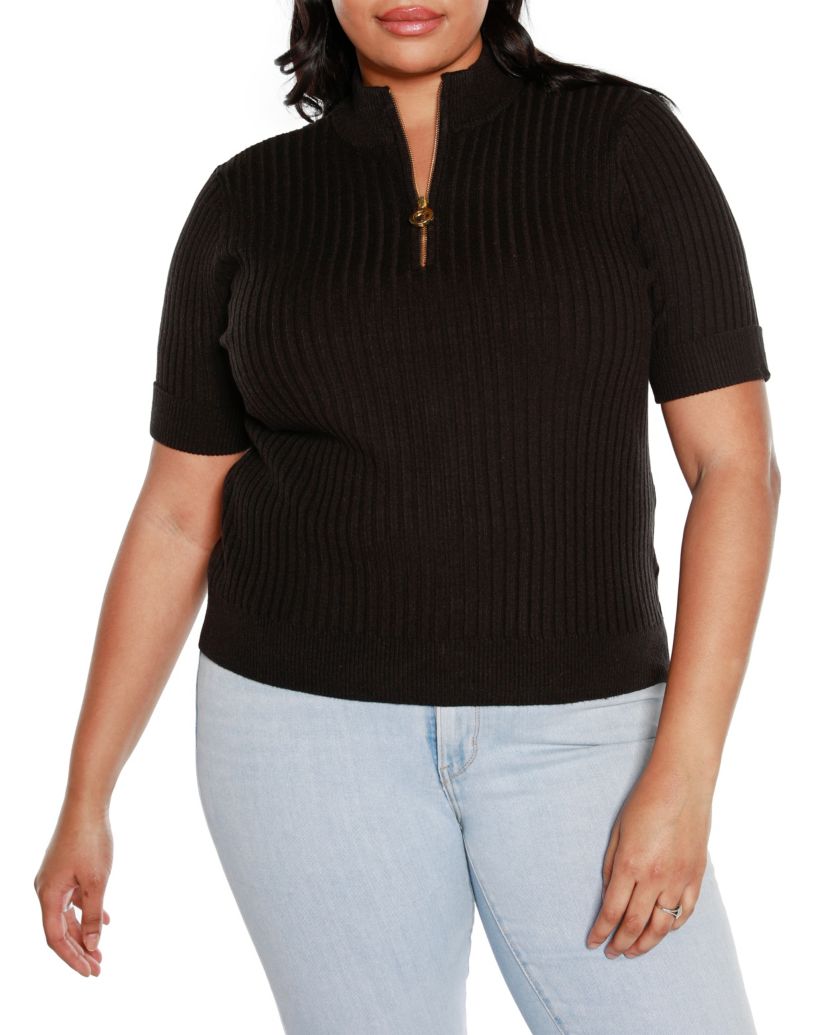 Plus Size Ribbed Zip Mock Neck Sweater