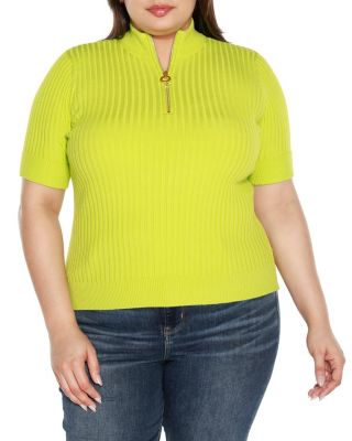 Belldini Black Label Women's Plus Size Ribbed Zip Mock Neck Sweater, Lime, 1X