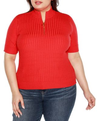 Belldini Black Label Women's Plus Size Ribbed Zip Mock Neck Sweater, Orange, 2X