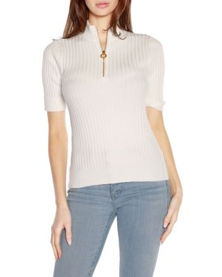 Belldini Black Label Women's Ribbed Zip Mock Neck Sweater, White, XL