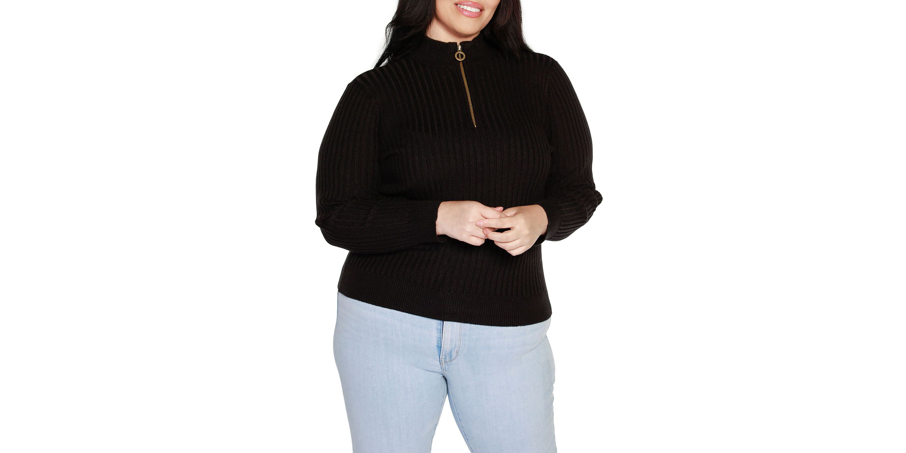 Plus Size Ribbed Mock Neck Half-Zip Sweater