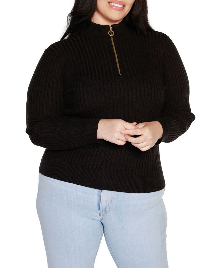 Plus Size Ribbed Mock Neck Half-Zip Sweater