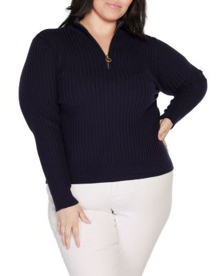 Belldini Black Label Women's Plus Size Ribbed Mock Neck Half-Zip Sweater