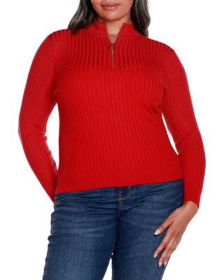 Belldini Black Label Women's Plus Size Ribbed Mock Neck Half-Zip Sweater, Red, 3X