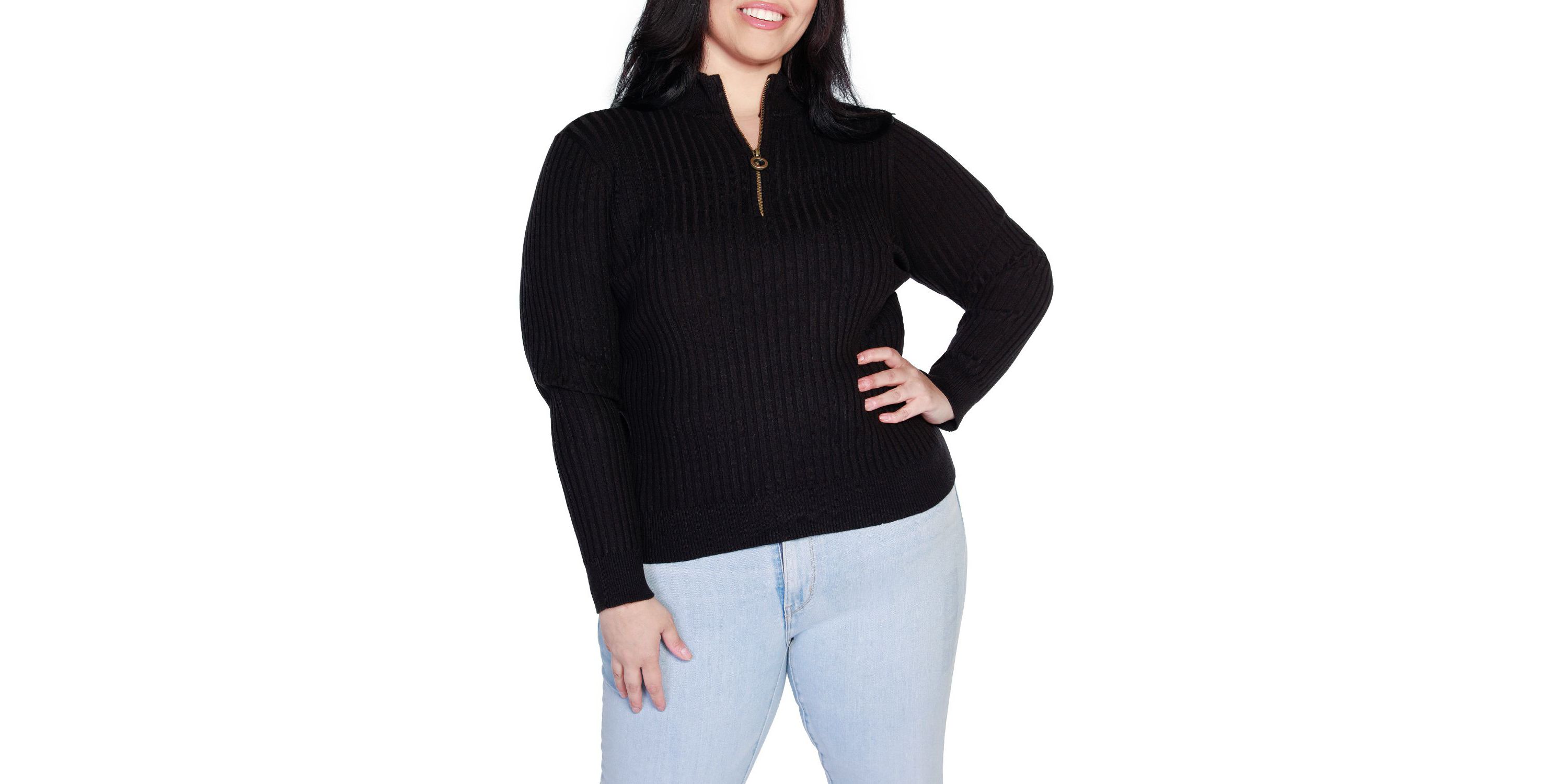 Plus Size Ribbed Mock Neck Half-Zip Sweater