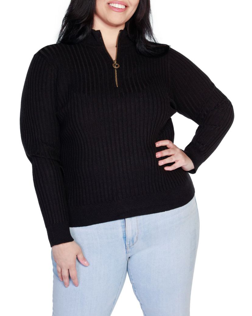 Plus Size Ribbed Mock Neck Half-Zip Sweater