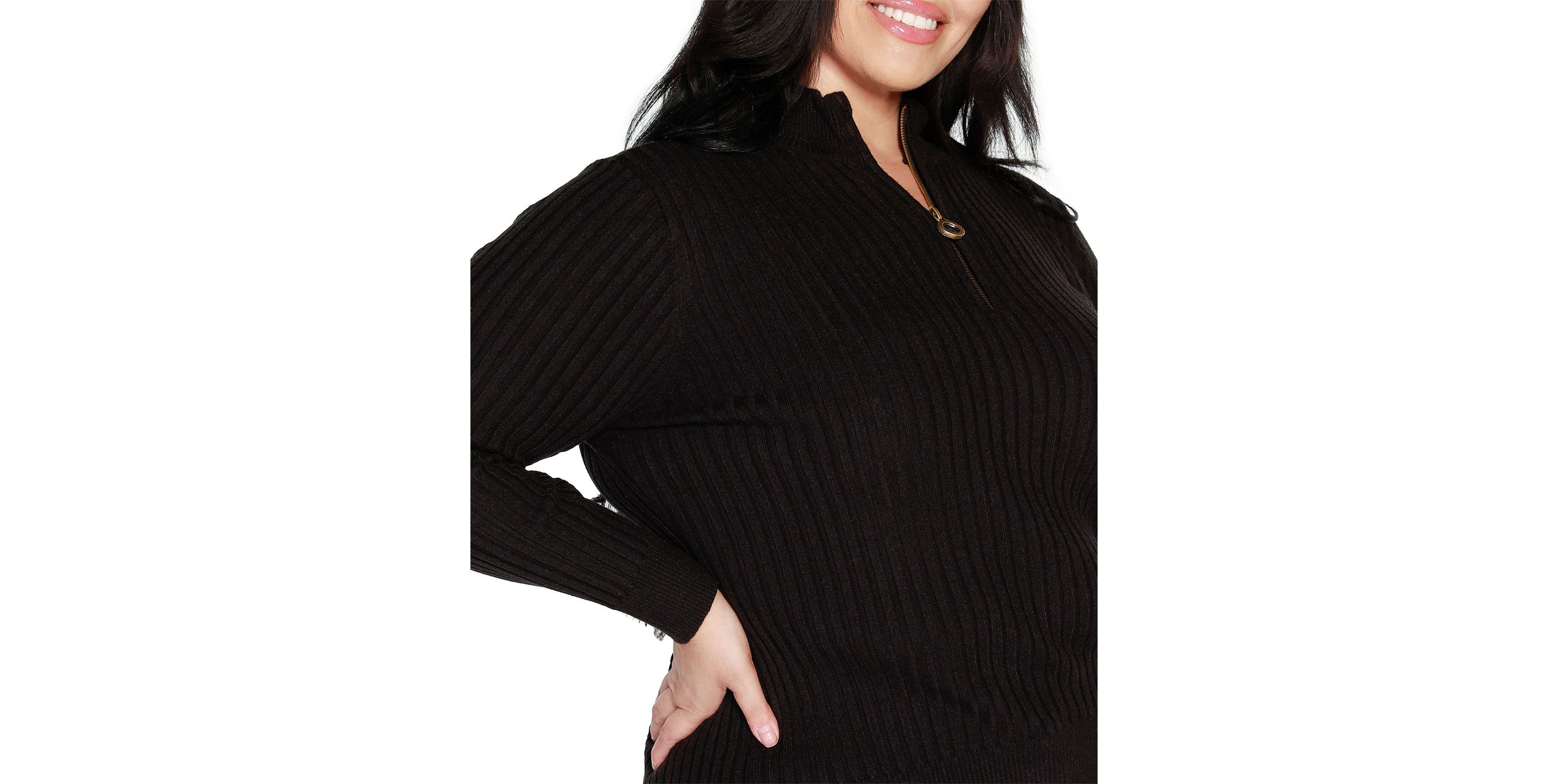 Plus Size Ribbed Mock Neck Half-Zip Sweater