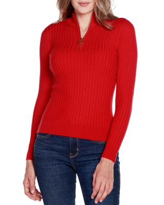 Belldini Black Label Women's Ribbed Mock Neck Half-Zip Sweater, Red, XL