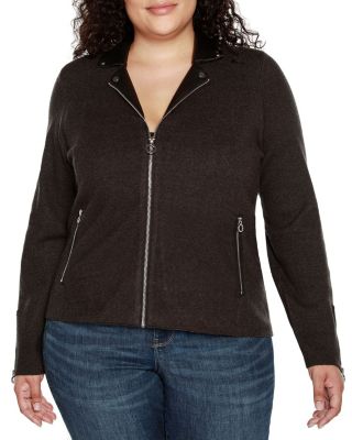 Belldini Black Label Women's Plus Size Motorcycle Sweater Jacket, Grey, 3X