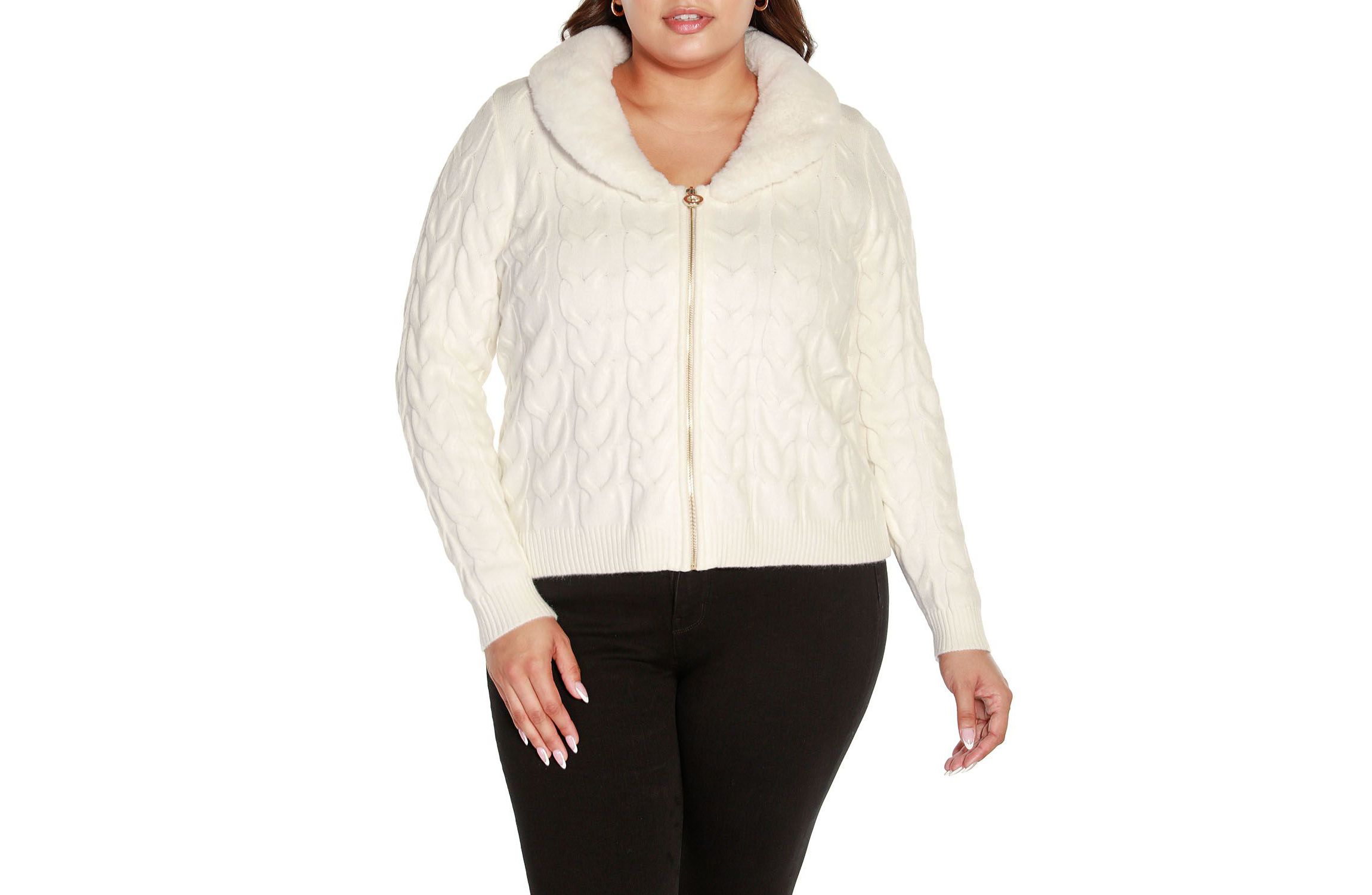 Plus Size Faux Fur Collared Cable Cardigan