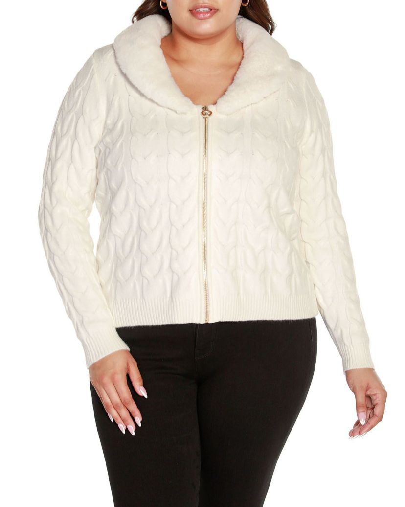 Plus Size Faux Fur Collared Cable Cardigan
