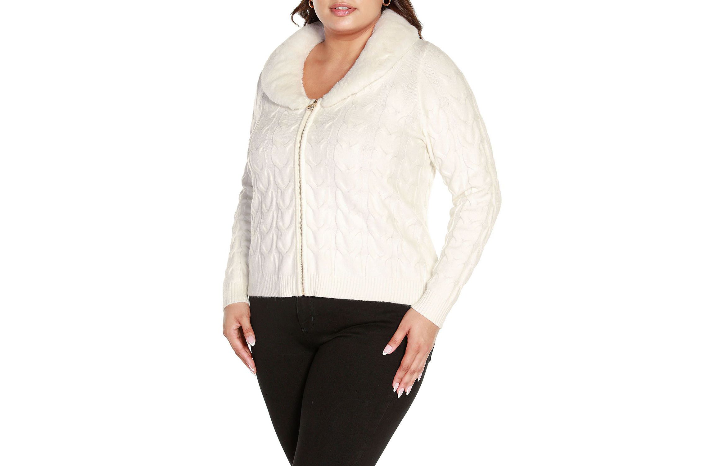 Plus Size Faux Fur Collared Cable Cardigan