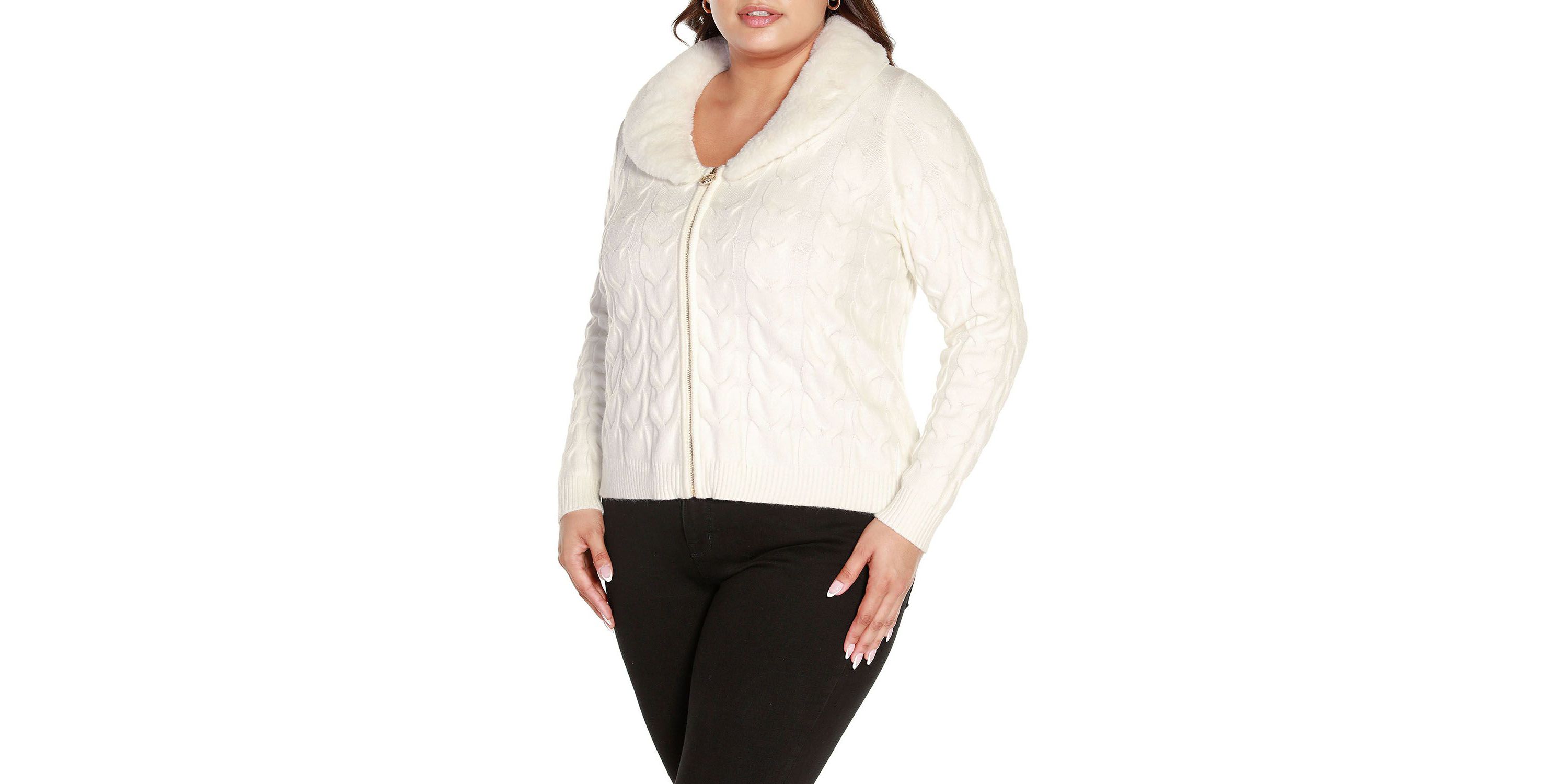 Plus Size Faux Fur Collared Cable Cardigan