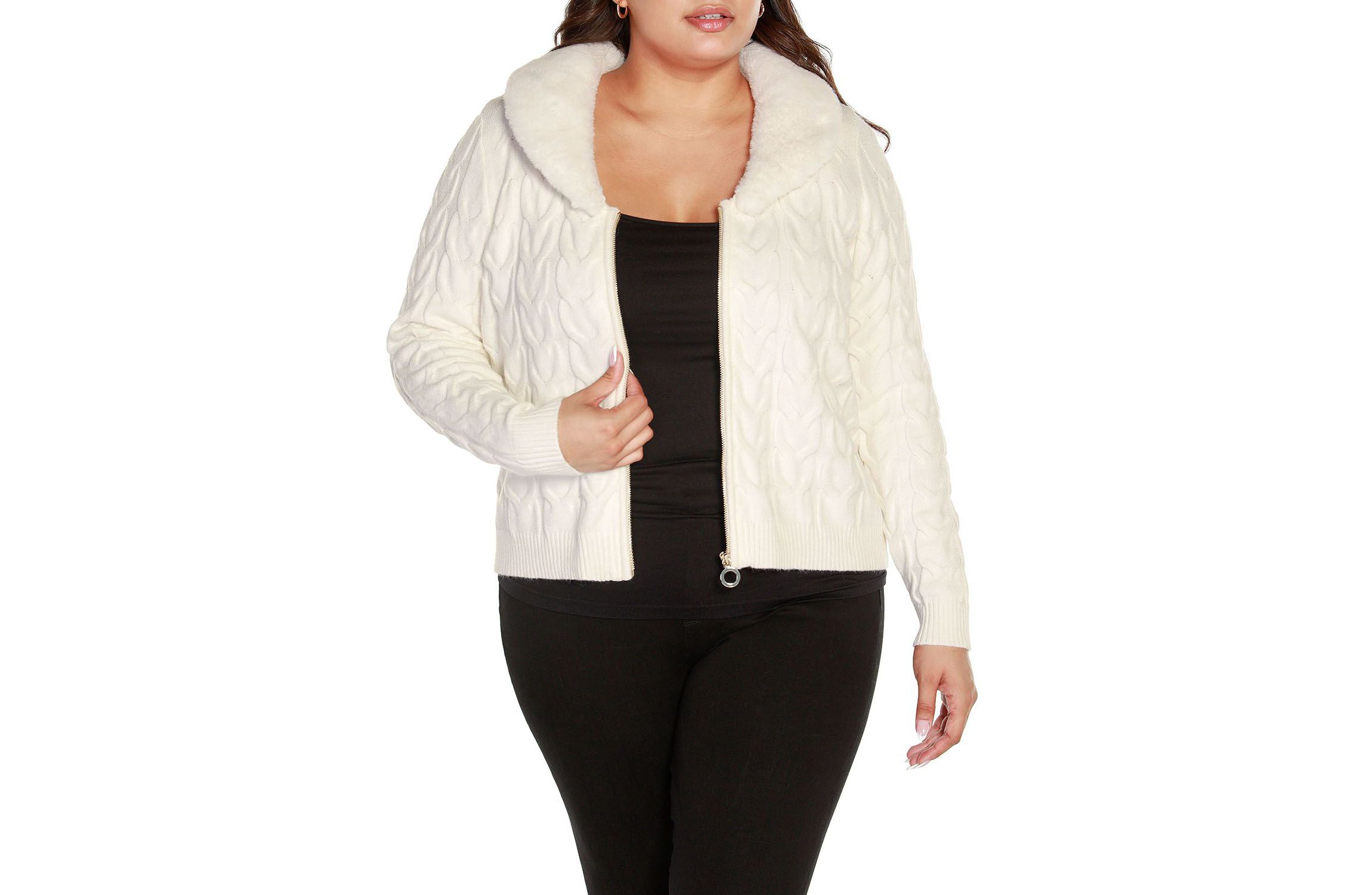 Plus Size Faux Fur Collared Cable Cardigan